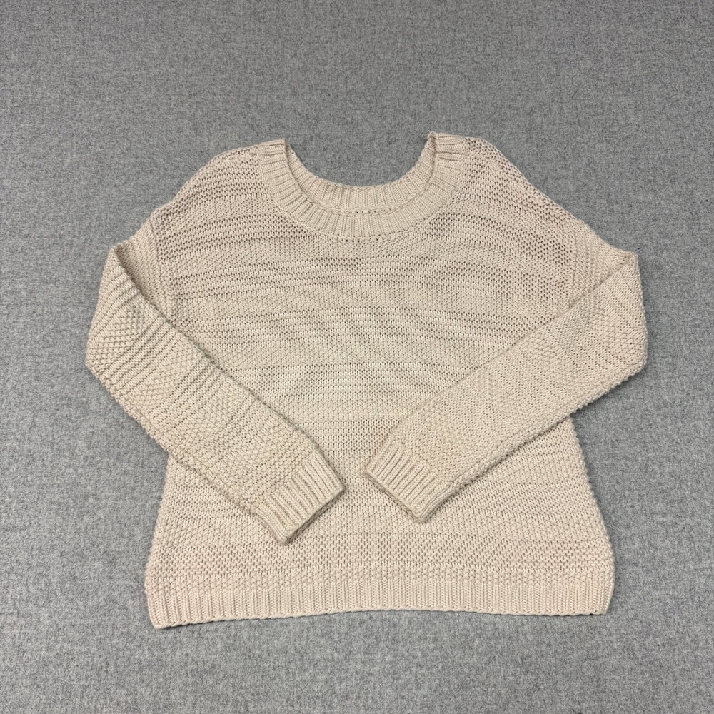LOFT | Textured Knit Scoop Neck Sweater | Medium | Beige | Ribbed Trim Relaxed